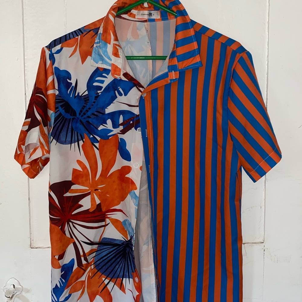 Beach Vibes Casual Button Down Shirt with Tropical and Striped Split Design